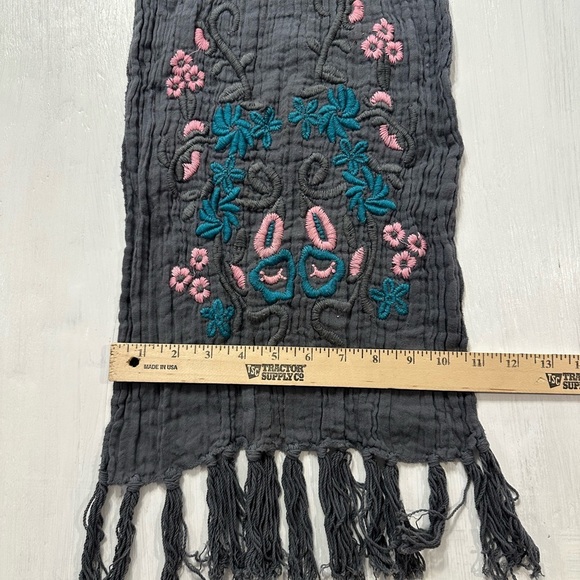 Boho Embroidered Scarf Wrap Gray Cotton Floral Tassel Fringe Festival Bohemian - Picture 3 of 7